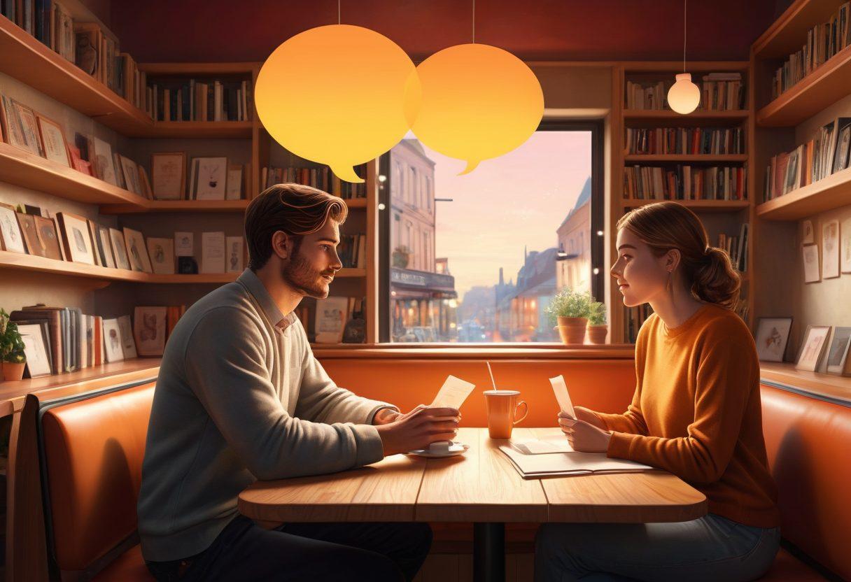 A couple sitting in a cozy café, engaging in deep conversation, with visible warmth and connection. Soft lighting creating an intimate atmosphere, surrounded by books and notes on communication techniques. Illustration of colorful thought bubbles above their heads showcasing effective communication tools and symbols like hearts and speech bubbles. Emphasize human emotion and connection. super-realistic. warm colors. intimate setting.