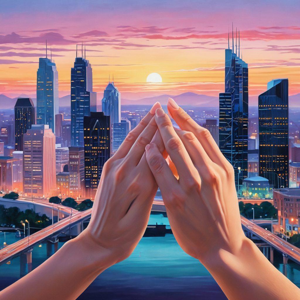 A pair of hands intertwined with subtle glowing lines connecting their fingertips, symbolizing emotional connection. In the background, a stylized cityscape reflects the complexities of modern dating, with various paths intertwined. Soft pastel colors create a warm and inviting atmosphere, representing intimacy and connection. super-realistic. vibrant colors. dreamy background.