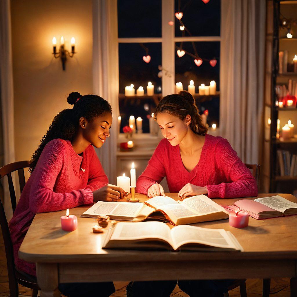 A cozy, warmly-lit scene depicting two people engaging in a deep conversation over a candlelit dinner, surrounded by soft heart-themed decorations. Symbolic elements like intertwined hearts and open books on the table suggest learning and connection. Gentle hues of red and pink create an intimate atmosphere. super-realistic. warm colors. inviting ambiance.